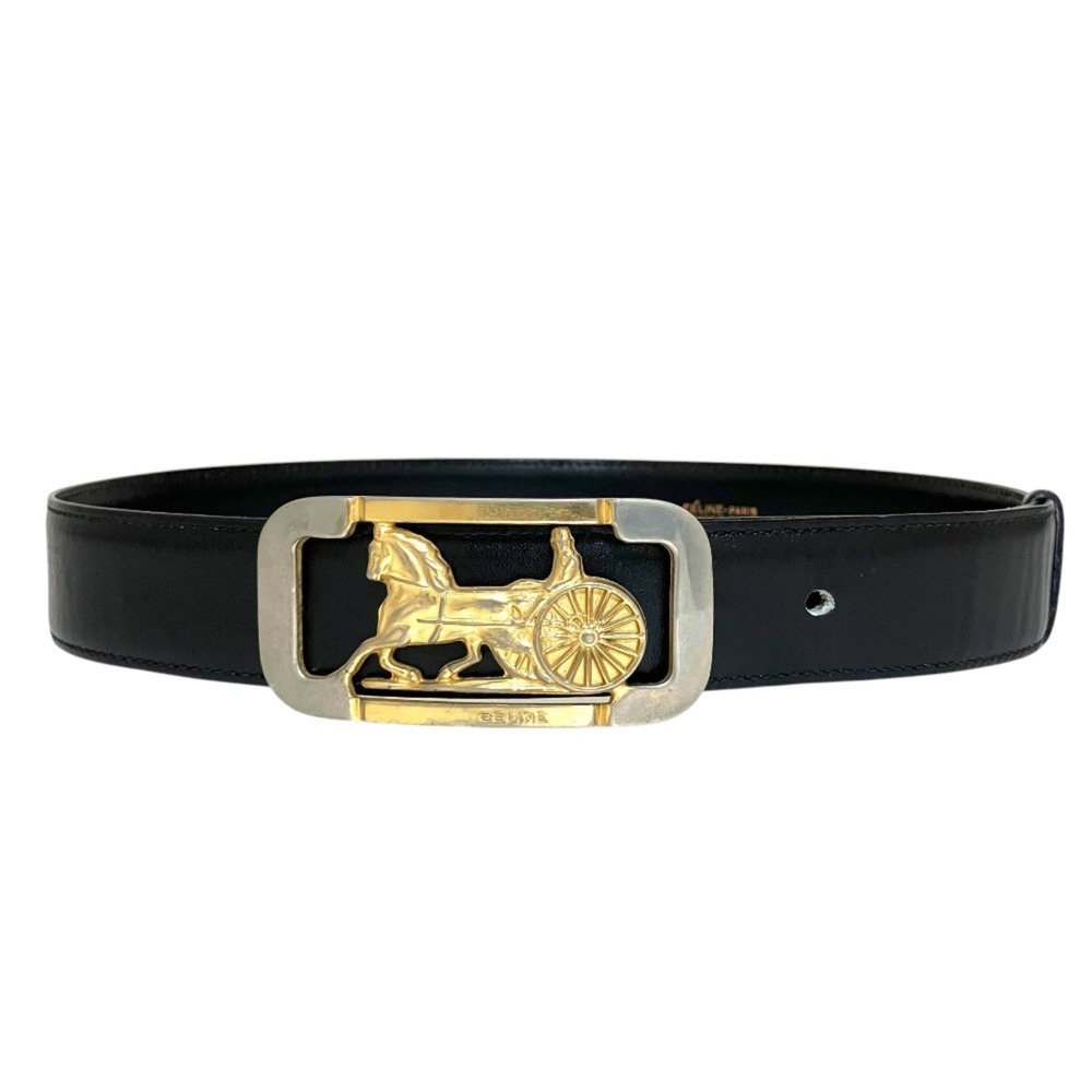 CELINE leather belt with carriage-style buckle, size 65, black, for women.